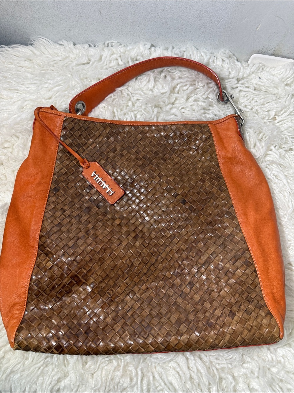 Claudia Firenze Butter Leather Orange Trim Brown Woven Hobo shoulder bag medium